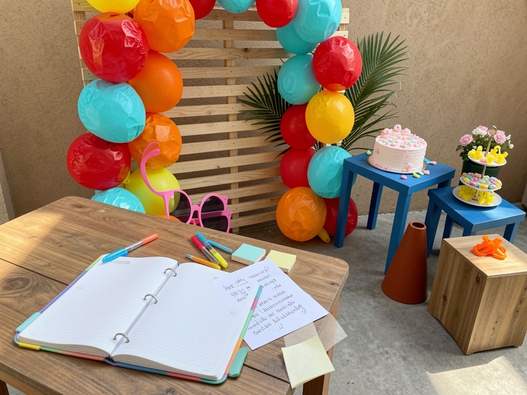 Mesa com planner aberto, lista de convidados manuscrita e itens de decoração para festa na piscina.