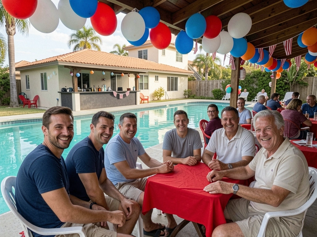 Grupo de amigos sorrindo dentro de uma piscina de quintal, com espreguiçadeiras ao redor.