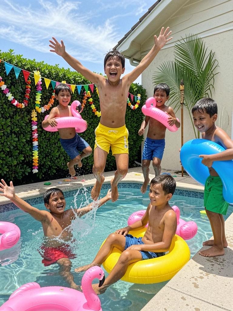 Colagem com três ambientes: tropical, havaiano e junino, cada um com elementos decorativos típicos.