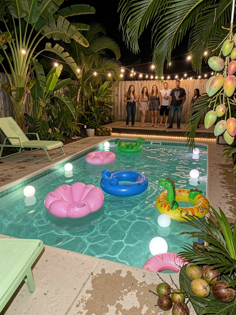 Piscina com água azul cercada por folhagens tropicais e frutas coloridas na borda.