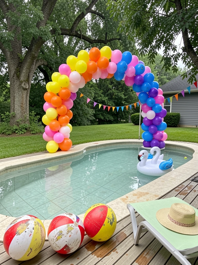 Bandeirinhas coloridas sobre piscina com balões e chapéu de palha ao redor