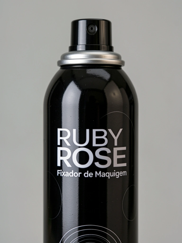 Lata preta e brilhante de fixador de maquiagem Ruby Rose com bico spray metálico, iluminação suave destacando o relevo do nome e a textura do bocal, fundo cinza neutro desfocado.