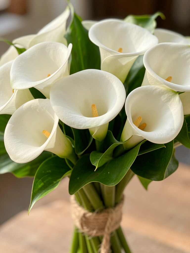 Bouquet de copos de leite brancos amarrados com barbante rústico, pétalas e folhas verdes em close, luz natural suave.
