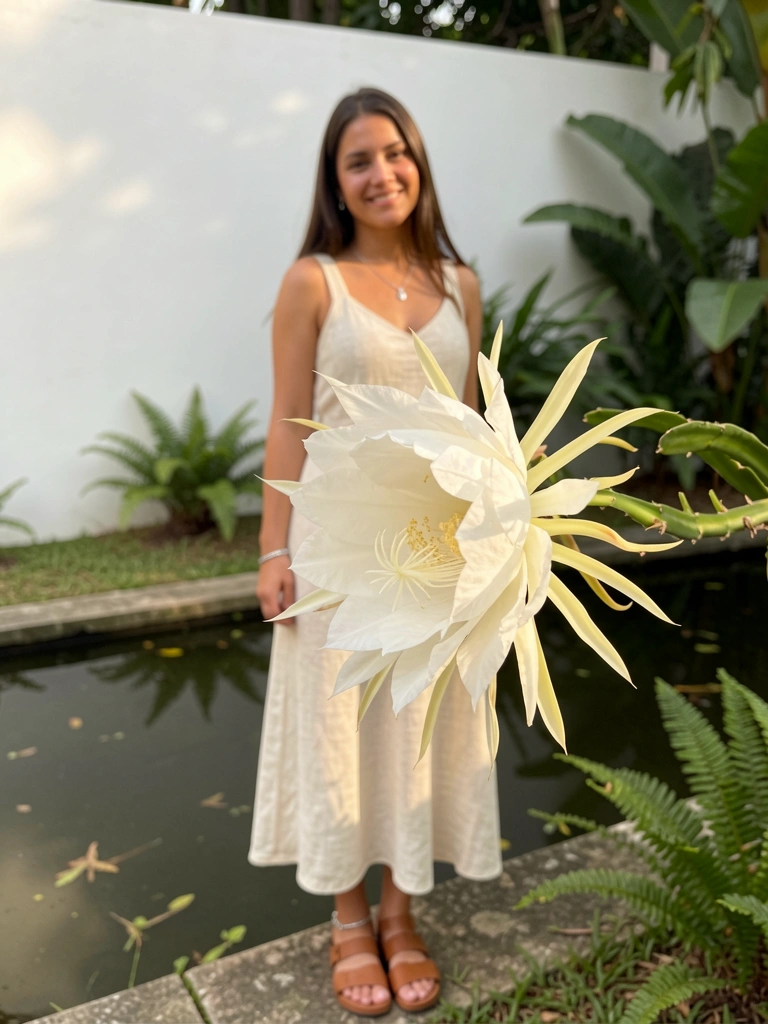 Flor branca de Cereus em plena floração com pétalas intrincadas e estames amarelos, ao lado de mulher em vestido de linho creme, muro branco desfocado e folhagem verde ao fundo.