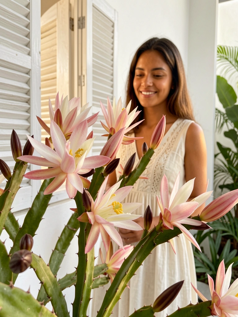 Flores Cestrum nocturnum e Epiphyllum oxypetalum em rosa e branco, com botões marrons, hastes espinhosas e pétalas aveludadas; ao fundo, mulher de vestido creme e persiana branca entreaberta com luz natural.