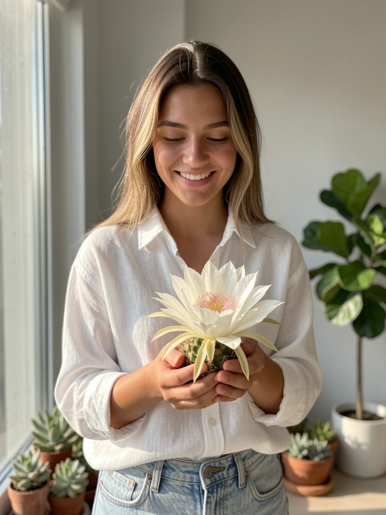 Camisa branca de linho e flor de cacto branca com detalhes rosados, segura por mãos femininas, luz natural da manhã e fundo desfocado com suculentas.