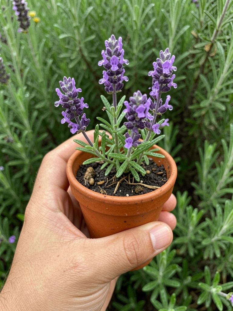 Mão segurando um vaso pequeno com muda de lavanda roxa.