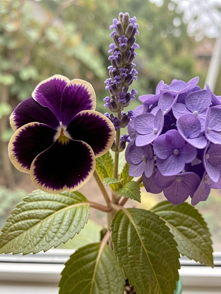 Arranjo com violetas, lavanda e hortênsias roxas lado a lado.
