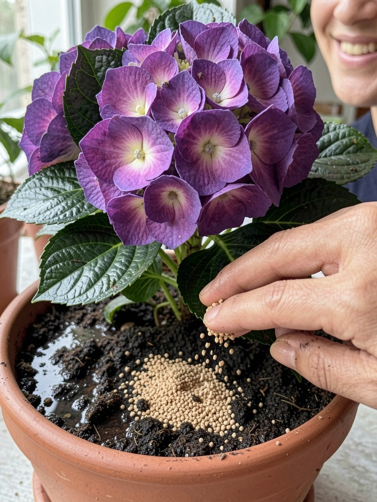 Grânulos de adubo sobre a terra em vaso com hortênsia de flores roxas.