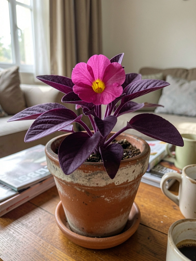 Sala com mesa de centro de madeira e arranjo de flores roxas em vaso de vidro