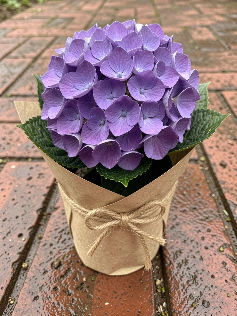 Vaso autoirrigável com hortênsia roxa embrulhado em papel kraft e laço de sisal.