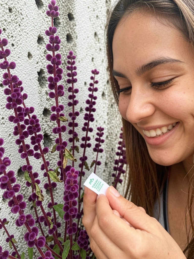 Pessoa segurando vaso com flor roxa e lendo etiqueta de cuidados.