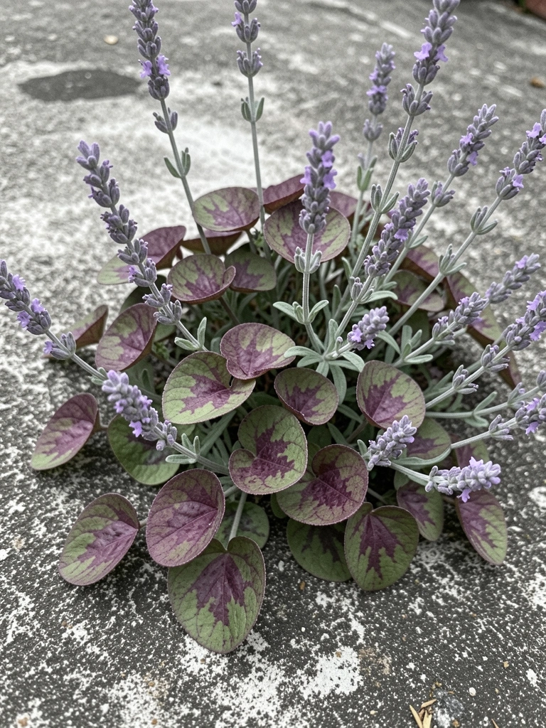 Cronograma de floração de violeta e lavanda, com datas e ilustrações das plantas.