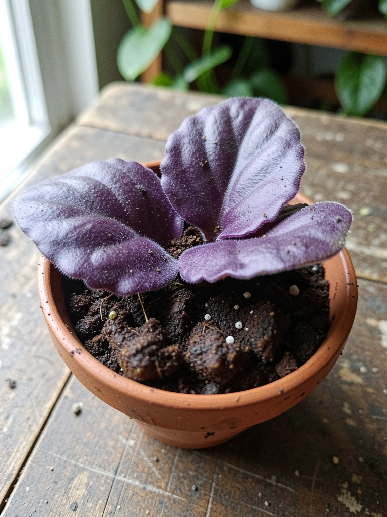 Folha de violeta sendo inserida em substrato escuro, com terra ao redor.