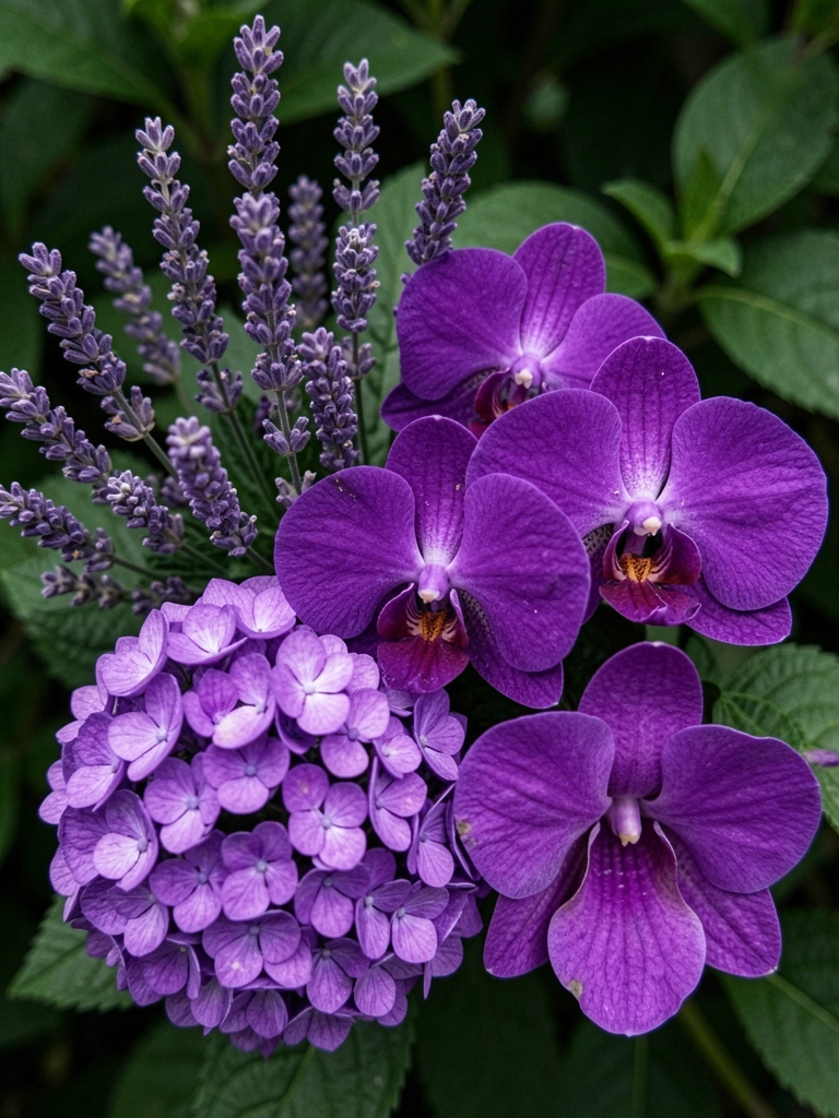 Cinco flores roxas dispostas em colagem: lavanda, violeta, orquídea, hortênsia e ipê.