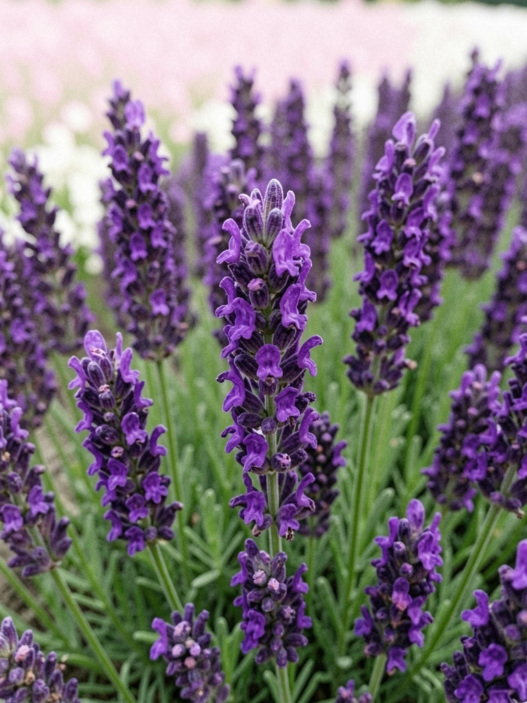 Campo extenso de lavanda roxa com flores em primeiro plano e fundo desfocado.