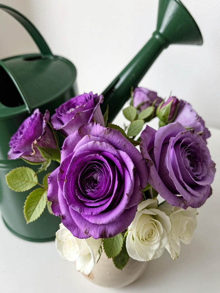Regador metálico ao lado de vaso com flor roxa sobre superfície de madeira.