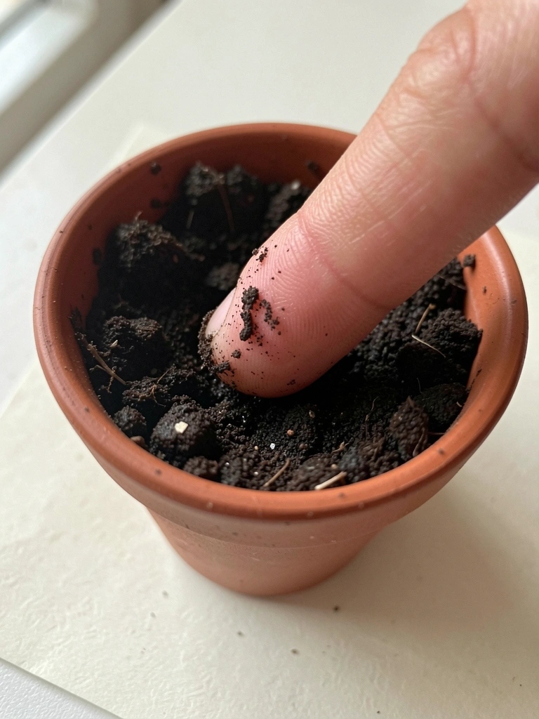 Dedo tocando a terra úmida em um vaso de cerâmica com flores roxas ao fundo.