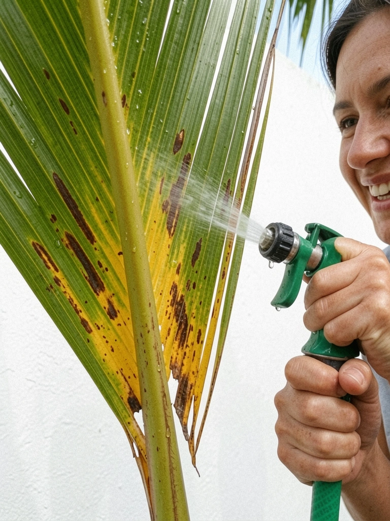 Coqueiro recebendo água de uma mangueira, com folhas verdes e secas visíveis.