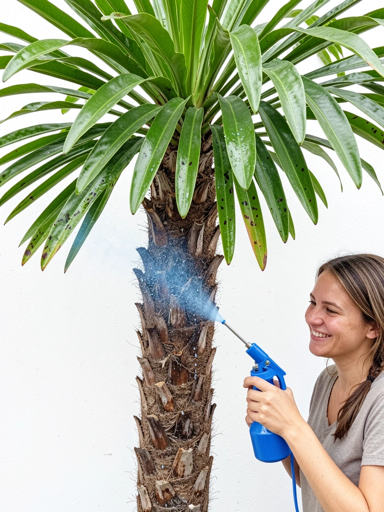 Pulverizador manual aplicando calda bordalesa em folhas de coqueiro, com gotas visíveis sobre a superfície verde.
