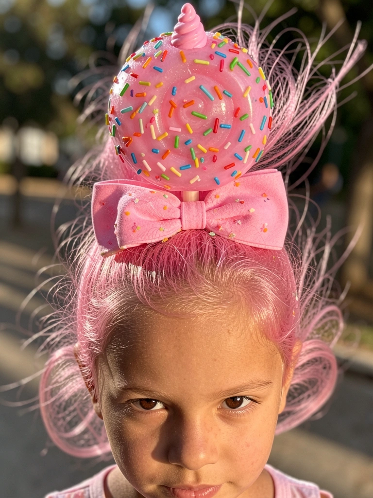 Cabelo rosa com formato de pirulito e casquinha de sorvete, coberto de granulados coloridos e laço rosa, luz natural do dia.