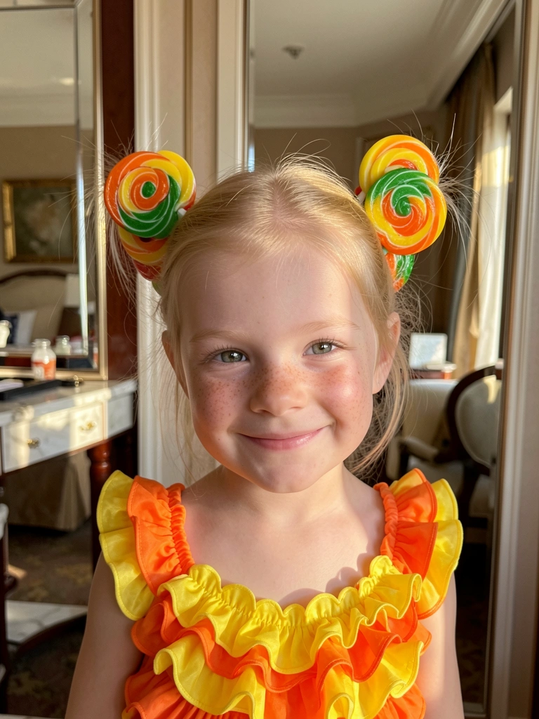 Menina loira com rabos de cavalo adornados com pirulitos coloridos, blusa laranja e amarela, quarto de hotel com espelho e luz natural.