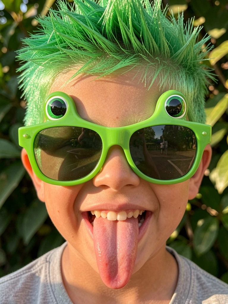 Menino sorridente com cabelo verde espetado e óculos de sapo verde com língua para fora, luz natural e folhagem ao fundo.