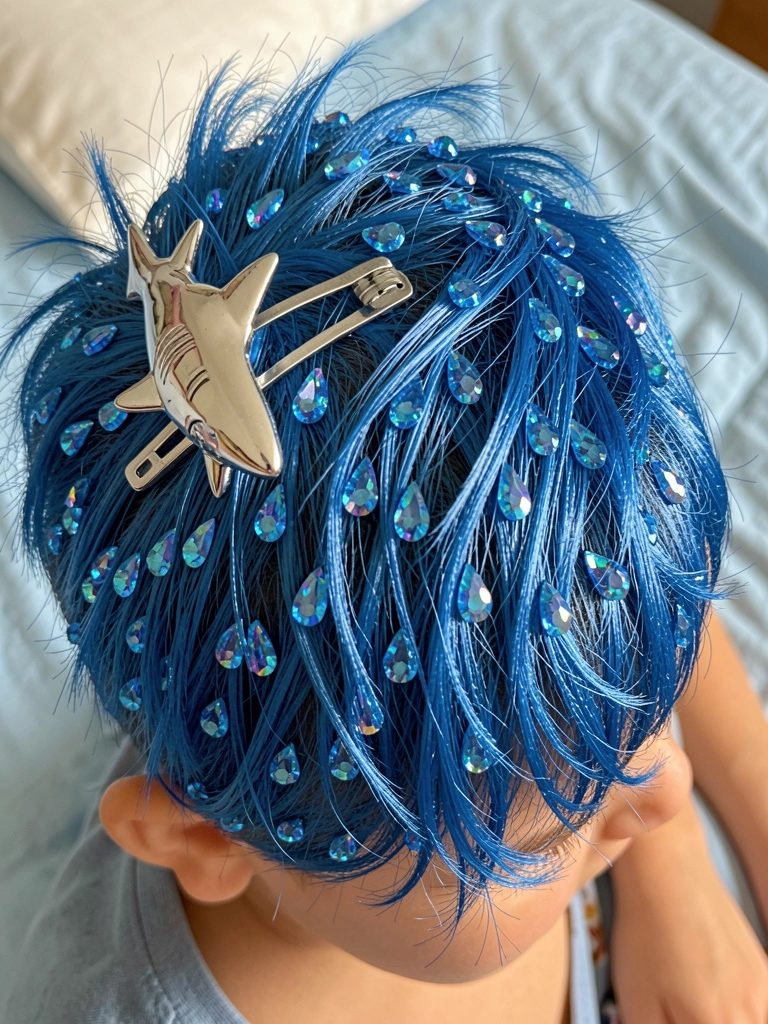 Menino com cabelo azul vibrante e texturizado, adornado com gotas de strass iridescentes e clipe de tubarão prateado, iluminado por luz natural sobre colcha azul clara.