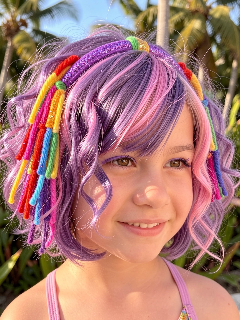 Garota de cabelo roxo e rosa com tiaras de lã colorida, luz natural e fundo com folhagens.