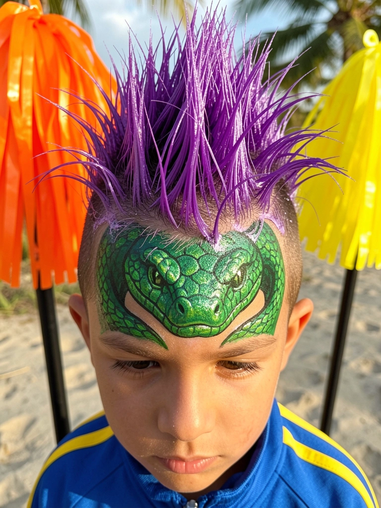 Menino com moicano roxo volumoso e desenho de cobra verde esmeralda na cabeça, jaqueta azul e amarela, pompons laranja e amarelo ao fundo, luz natural.