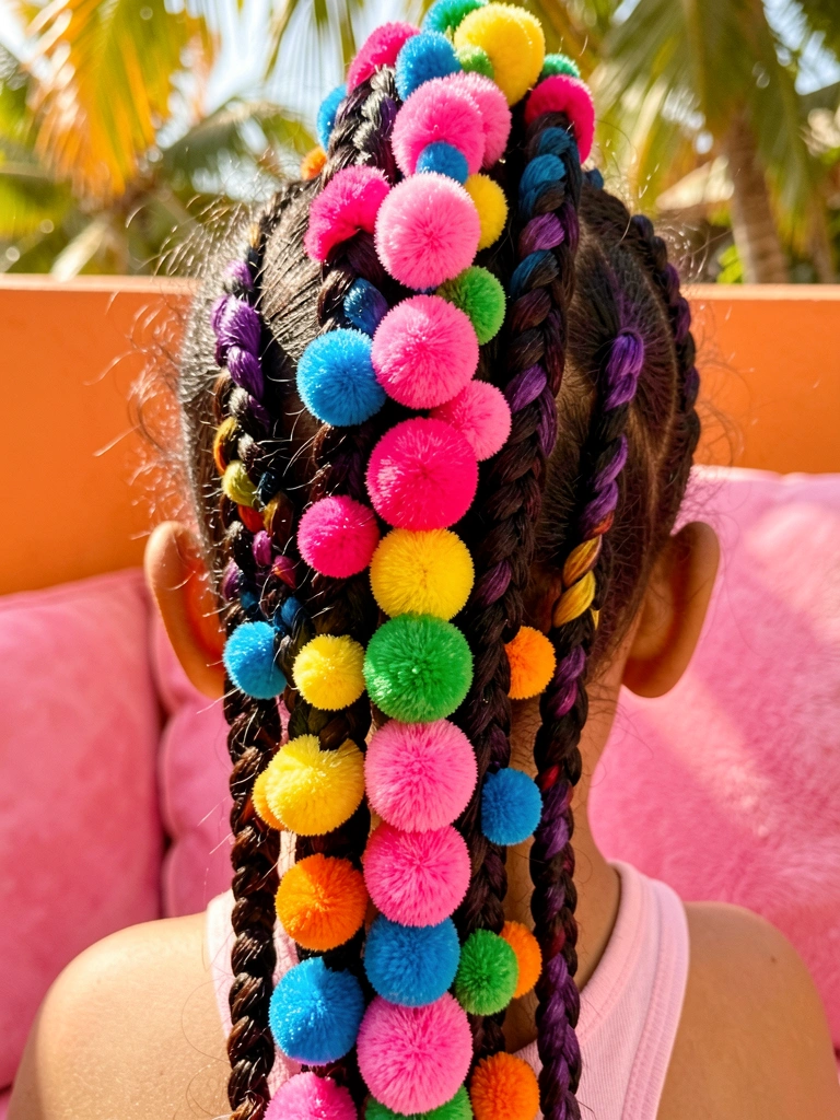 Criança com cabelo preto em tranças verticais decoradas com pompons coloridos e mecha roxa, fundo rosa e laranja.