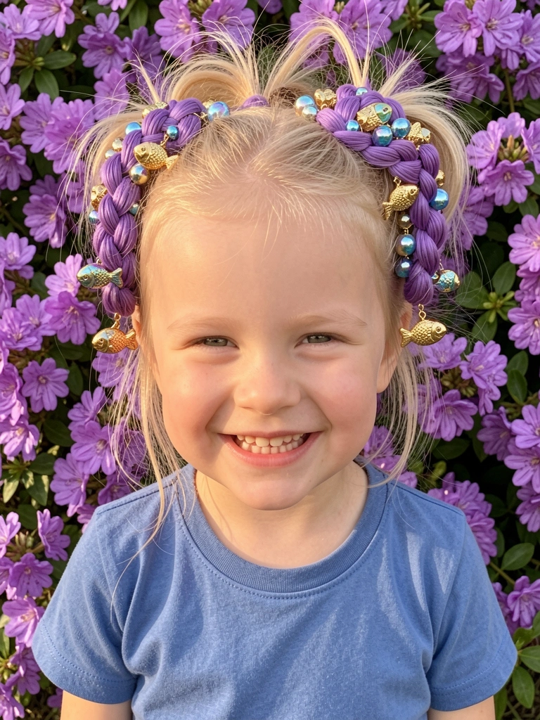Garota loira com sorriso genuíno, cabelo preso em coque bagunçado com acessórios florais roxos, miçangas azuis e pingentes de peixe, fundo de flores roxas sob luz natural difusa.