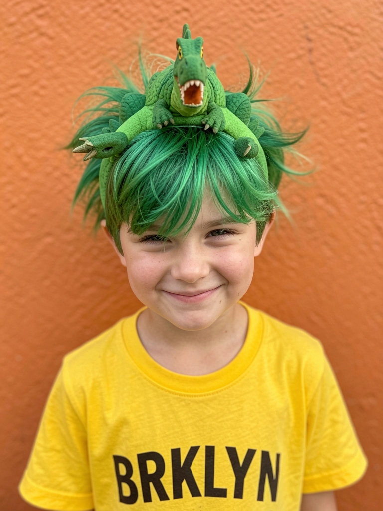 Menino de cabelo verde vibrante e faixa de dinossauro, sorrindo com ar travesso, parede laranja texturizada e luz natural.