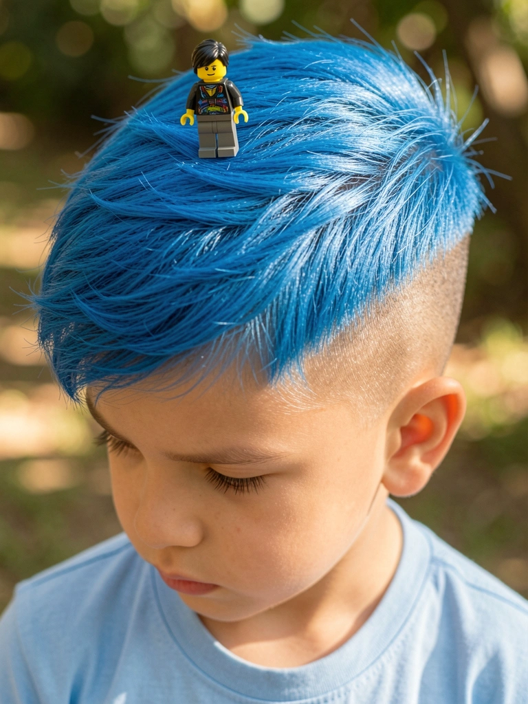 Menino com cabelo azul vibrante e um Lego minifigura equilibrado sobre a textura do corte, luz natural suave e fundo desfocado.