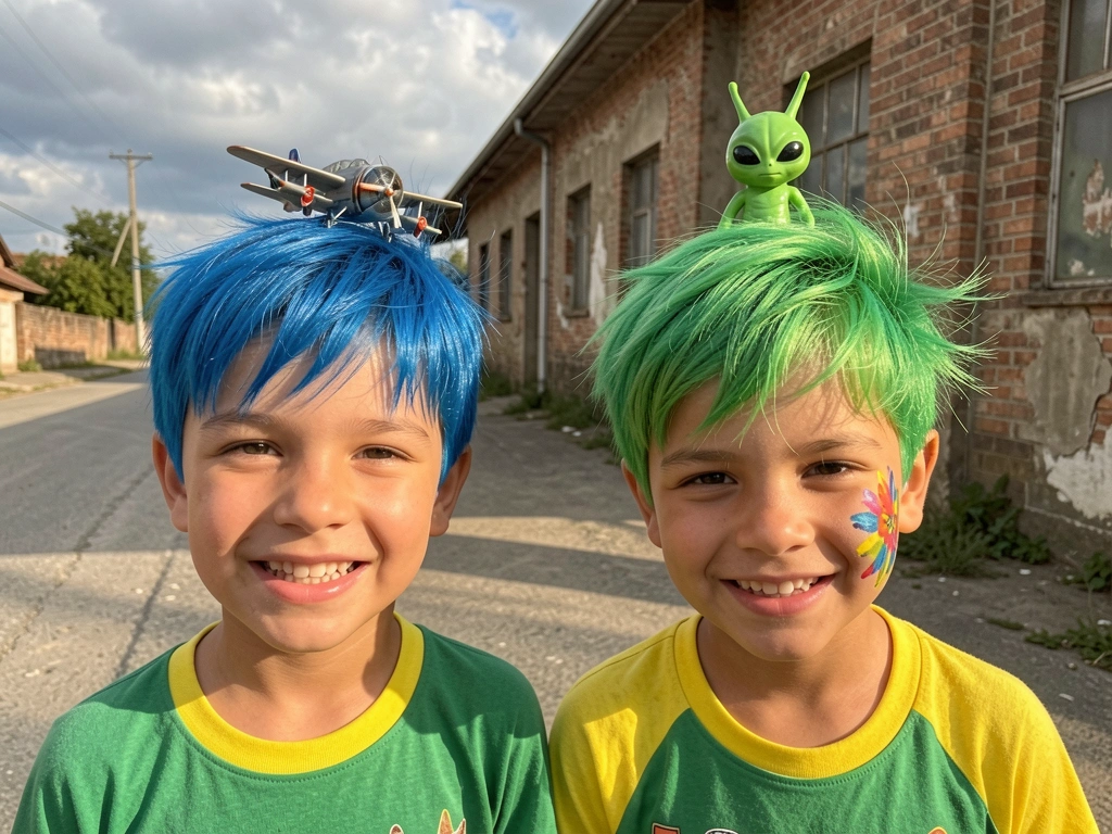 Dois meninos com cabelo azul e verde, um avião de brinquedo na cabeça de um e figura alienígena no outro, sorrindo em frente a parede de tijolos, luz do dia nublada.