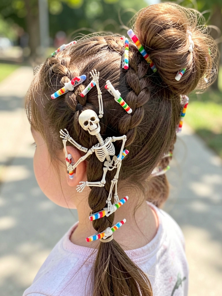 Cabelo com múltiplas tranças, um esqueleto miniatura agarrado a presilhas listradas vermelhas e brancas, luz solar difusa e fundo desfocado de calçada e folhagem.