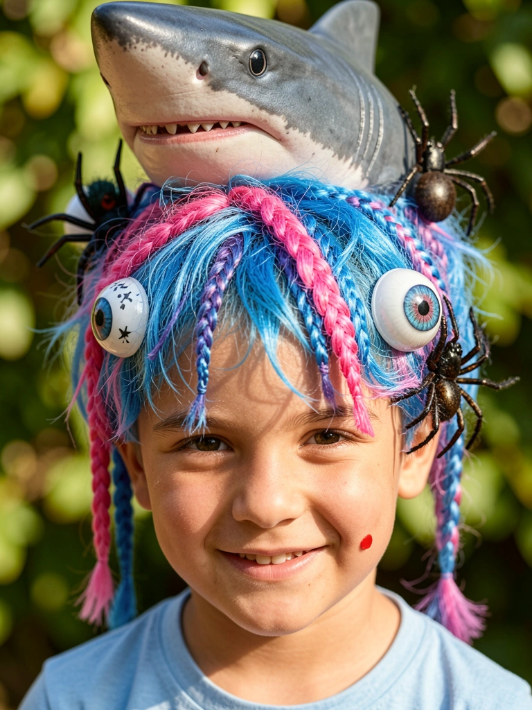 Menino com cabelo azul e rosa trançado, tubarão realista no topo da cabeça, aranha e olhos saltados nas mechas, fundo verde desfocado.