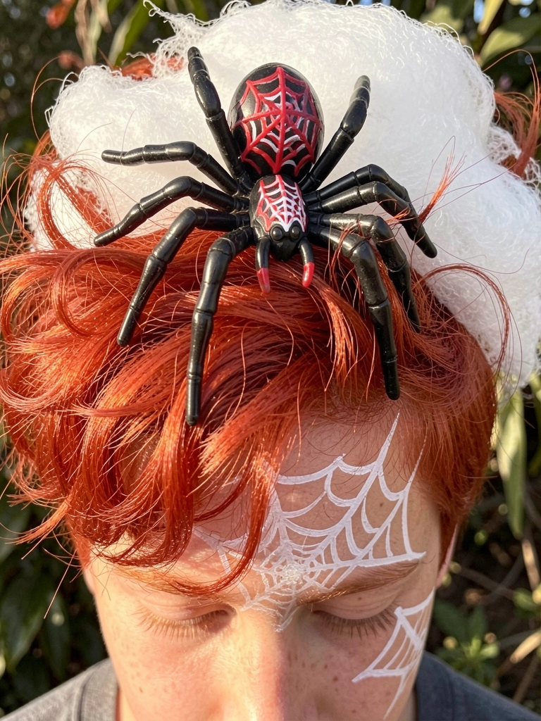 Cabelo ruivo texturizado com aranha preta de plástico e algodão-doce branco, teia pintada no rosto, luz natural e fundo desfocado.