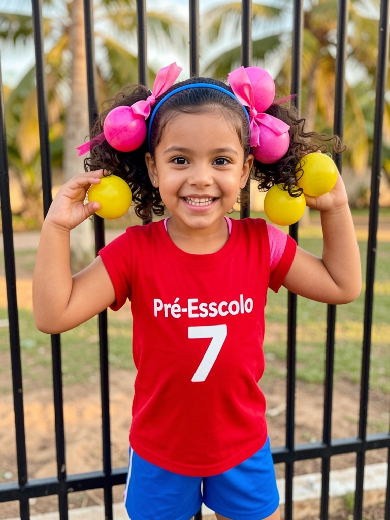 Menina de cabelo cacheado com bolinhas rosas e amarelas nos pigtails, camiseta vermelha e short azul, sorrindo em frente a cerca de metal preta.