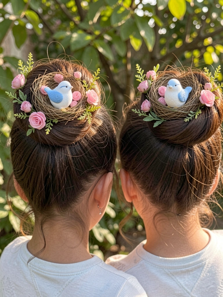 Mini ninhos de pássaro com figuras brancas e azuis em coques elaborados de meninas de cabelo escuro, luz natural filtrada por folhas.