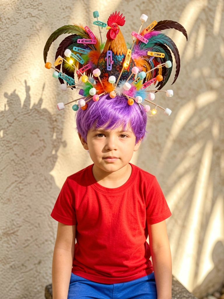 Menino de cabelo roxo vibrante com cocar de galo feito de clipes, penas e marshmallows, luz natural suave.