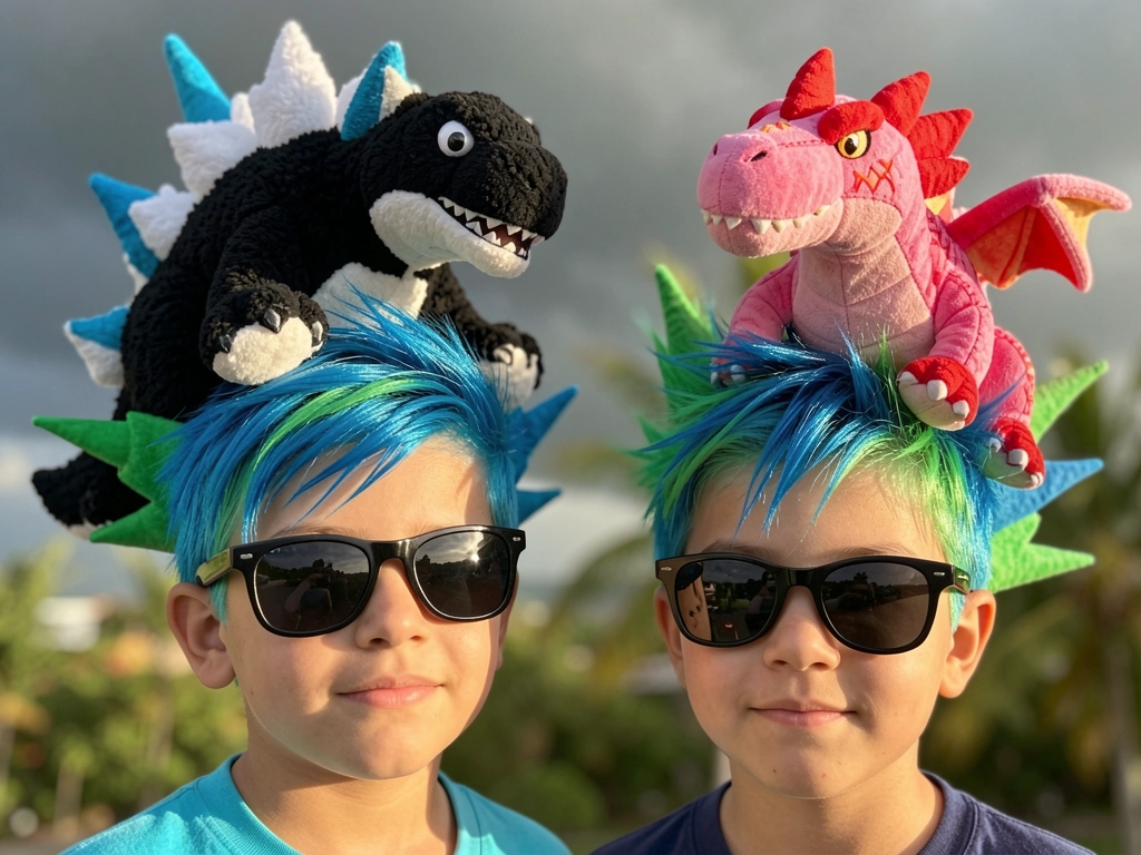Dois meninos com cabelos azuis e verdes em spikes, um com Godzilla de pelúcia na cabeça e outro com dragão rosa, óculos escuros, fundo de céu tempestuoso.