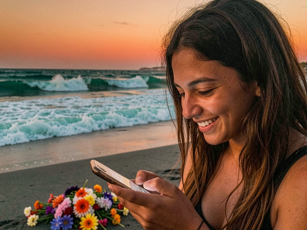 Mulher sorrindo enquanto lê mensagem no celular, com fundo de flores.