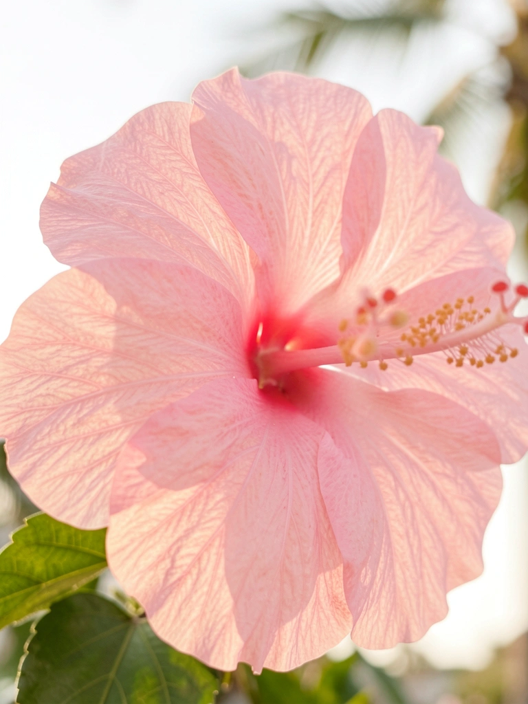 Hibisco rosa com pétalas sobrepostas e veias sutis, iluminado por luz solar natural, fundo branco desfocado.