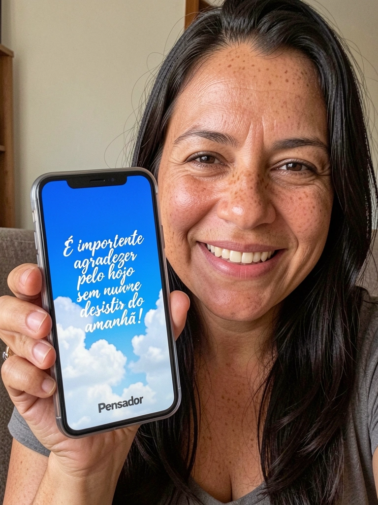 Mulher sorrindo segura celular exibindo tela com frases motivacionais