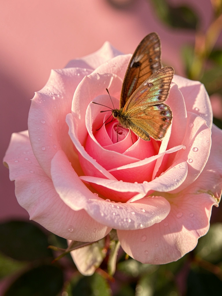 Rosa rosa com gotas de orvalho e borboleta iridescente pousada em pétala, luz natural suave e fundo rosa desfocado.