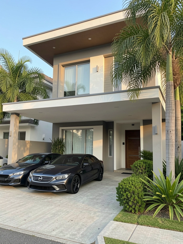 Casa moderna de dois andares com telhado plano e janelões, paleta neutra de cinza e branco, palmeiras verdes na entrada e carros escuros estacionados sob garagem coberta.