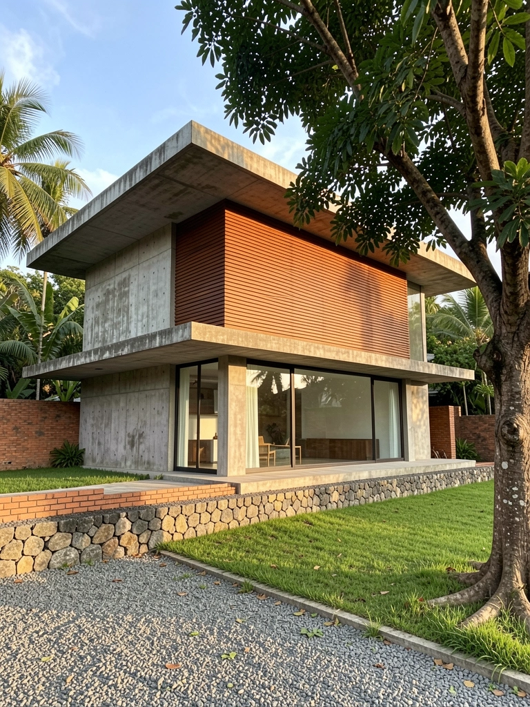 Casa moderna de concreto exposto com fachada de madeira e amplas janelas de vidro, gramado verde e árvore à frente, luz natural do dia.