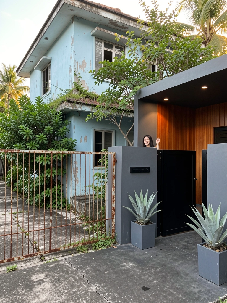 Casa azul descascada com cerca de metal enferrujada, cerca moderna com portão preto e vasos de agave, jovem sorrindo na entrada.