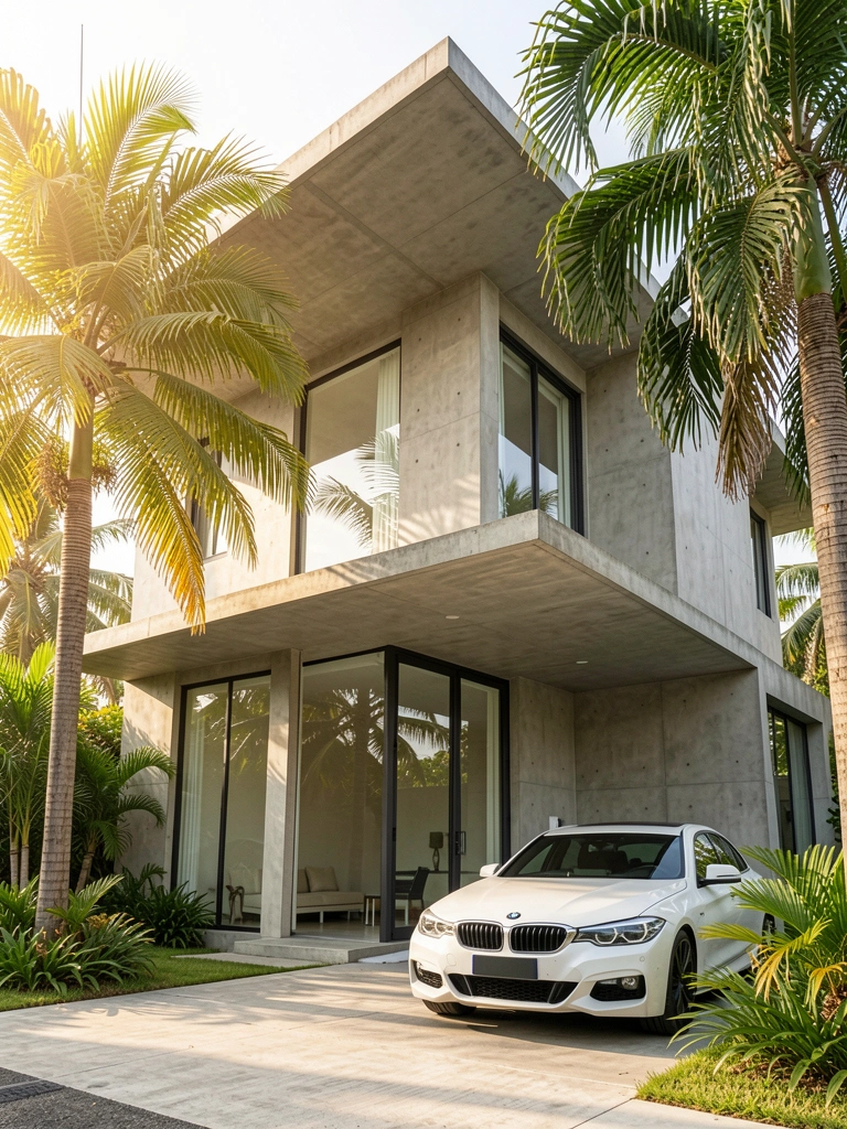 Casa moderna de dois andares com fachada de concreto, grandes janelas de vidro, telhado em balanço e palmeiras tropicais emoldurando a entrada; um BMW branco estacionado na garagem sob luz natural intensa.